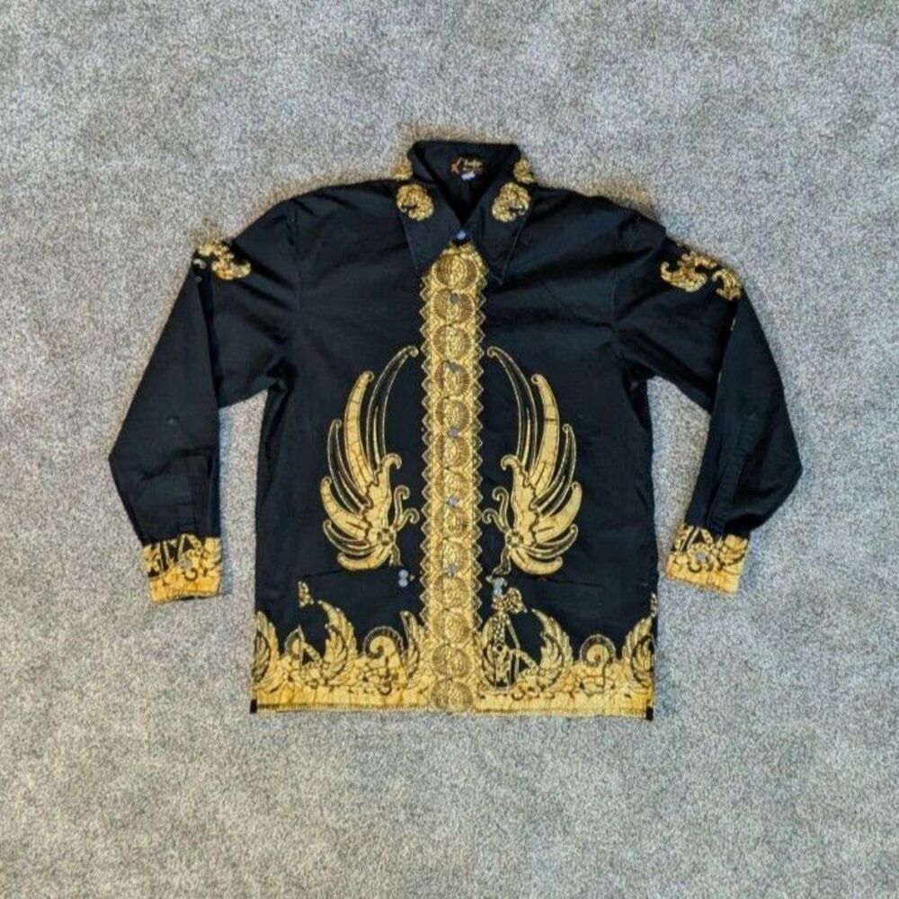 Vintage 70s Sundjojo Batik Indonesia Shirt L Large - Black Gold Wings Button Up